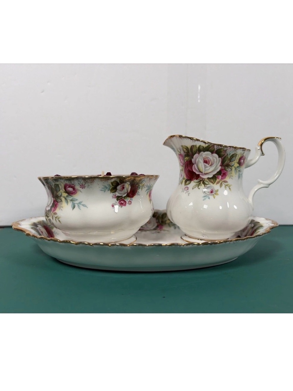 Vintage Royal Albert Celebration Bone China Candle Set Floral Roses England